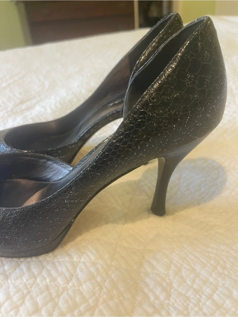 Via Spiga Black Snakeskin Embossed Peep Toe D'Orsay Stiletto Pumps 8.5 Slip On